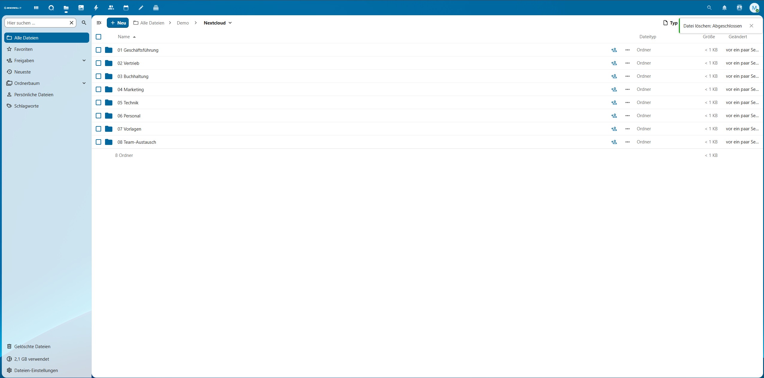 Nextcloud Drive – Dateiverwaltung mit Unternehmensordnern in einer von Geschwill IT eingerichteten Nextcloud