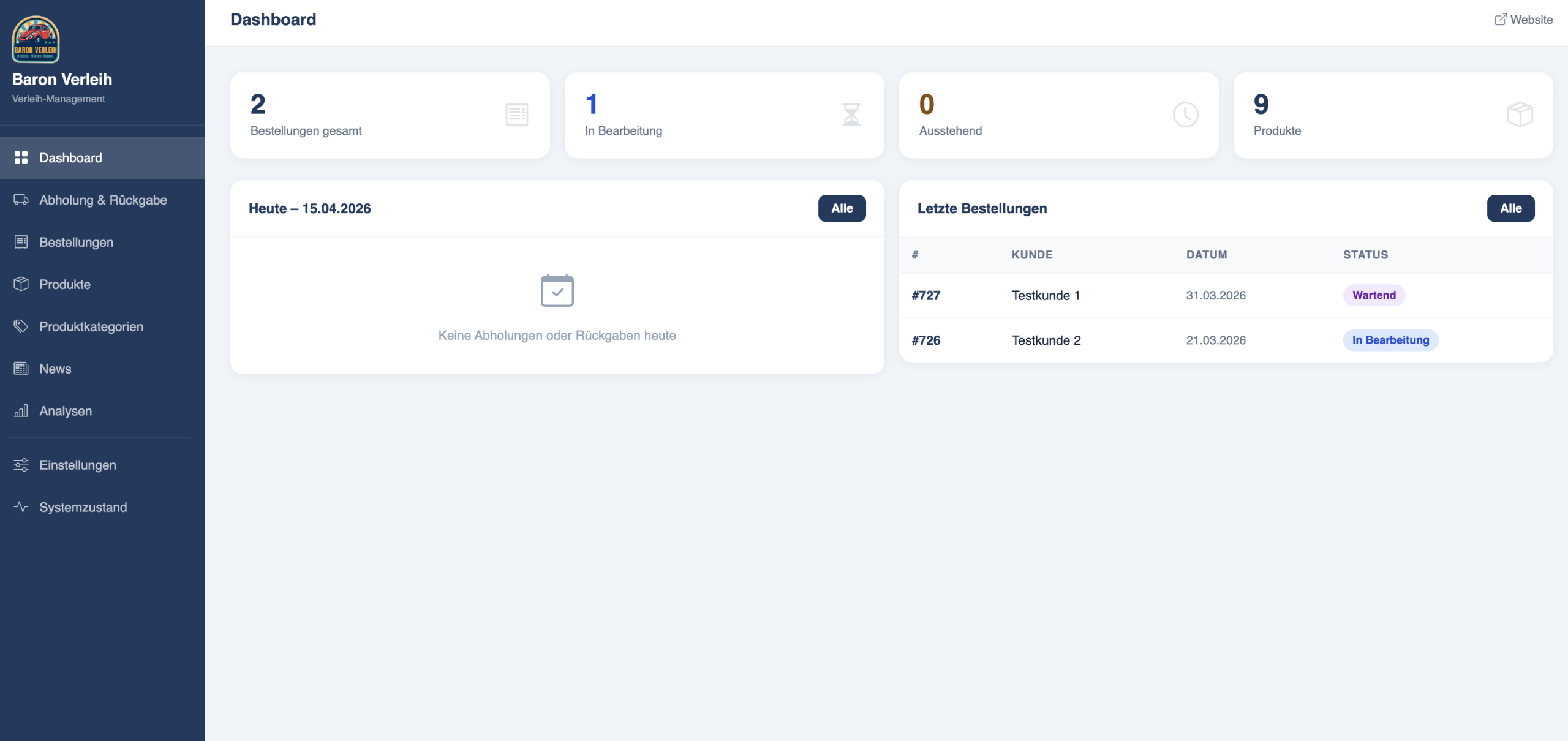 Individuelles Shop-Verwaltungsportal – Dashboard mit Bestellungen, Abholungen und Statistiken