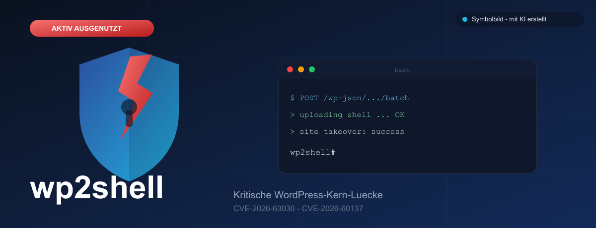 wp2shell: kritische WordPress-Sicherheitslücke (CVE-2026-63030), Symbolbild mit KI erstellt