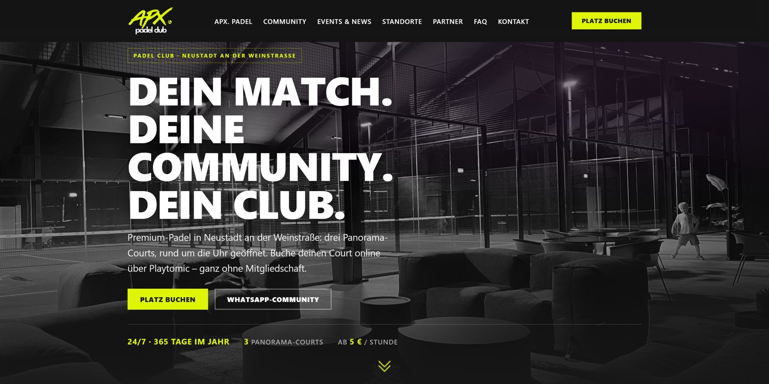 Startseite der neuen Website des APX. Padel Club in Neustadt an der Weinstraße